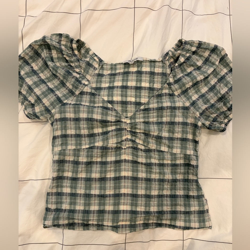 Madewell Checkered Puff Sleeve Blouse - Blue and Cream